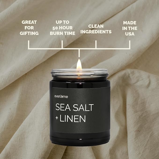Premium Soy Wax Candle | Highly Scented Black Glass Jar Candles | Long Lasting, Clean Burn | 8 oz | Gifts for Man and Woman | Made in USA (Sea Salt + Linen)
