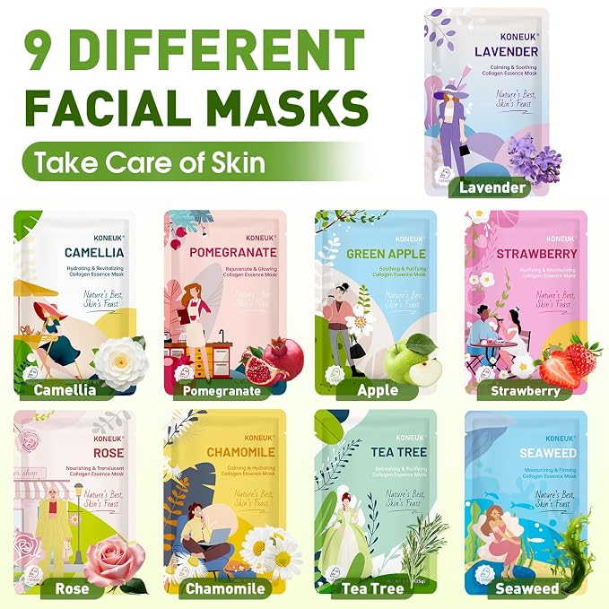KONEUK 27 Pack Collagen Sheet Face Masks Skincare for Women, Bulk Hydrating Face Mask Set for Dry Skin, Moisturizing Facial Masks for Skin Care, Spa Party Supplies and Bulk Gifts for Women