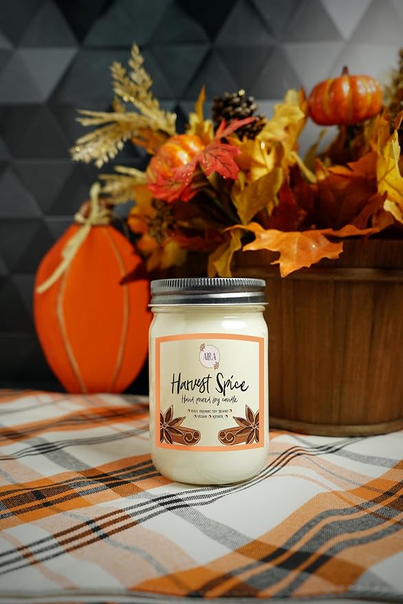 Aira Soy Candle – Harvest Spice – 12 oz Mason Jar – Hand-Poured USA – Long-Lasting Vegan Soy Wax Candle – Cozy Fall & Holiday Aroma – Paraffin-Free, Kosher, Cruelty-Free