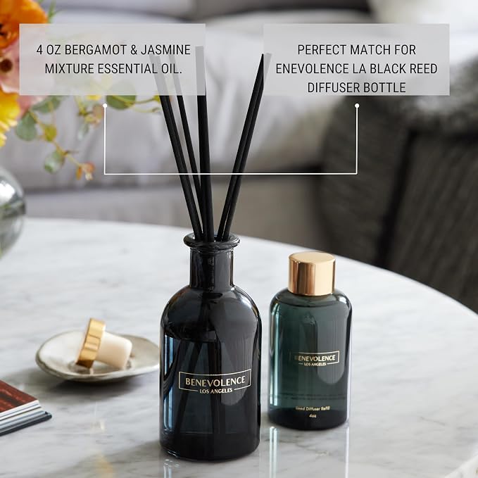 Benevolence LA Bergamot & Jasmine Reed Diffuser Oil Refill – 4 oz Long-Lasting Essential Oil Refill for Home Fragrance Diffusers – Compatible with Benevolence LA Black Reed Diffusers