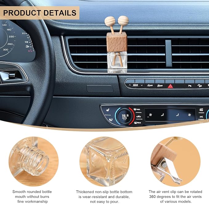 KVAEY 2PCS Car Diffuser Air Freshener Bottle, Refillable Empty Glass Perfume Bottles with Vent Clip, Universal Essential Oil Diffuser for Most Vehicles, Interior Car Accessories (8PCS, Blank)