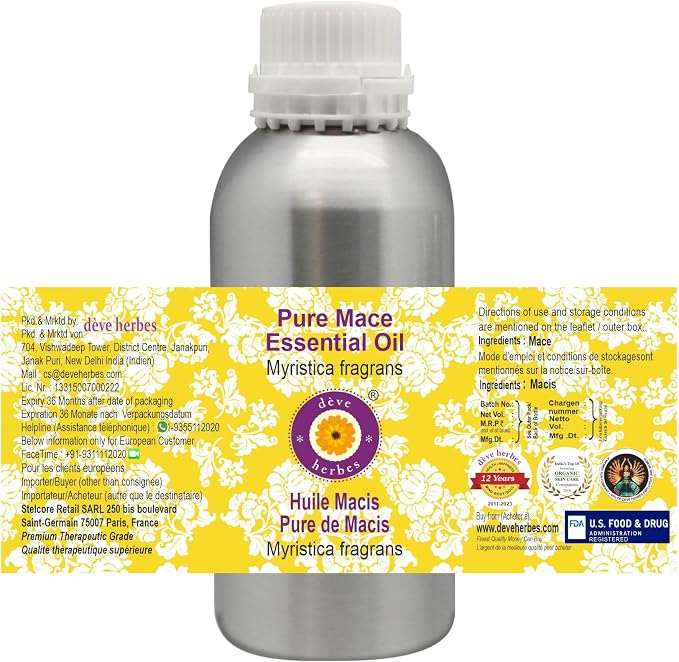 Deve Herbes Pure Mace Essential Oil (Myristica fragrans) Steam Distilled 300ml (10 oz)