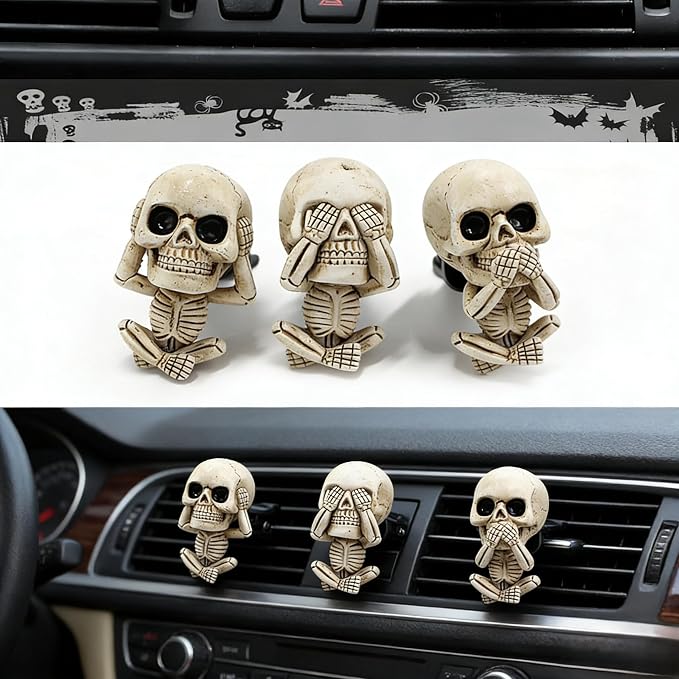 3Pcs Gothic Skull Car Vent Clip Freshener with Felt Scent Pads | Resin skull vent diffuser controls odors, fits car bathroom, Halloween gothic decor gift for teens adults