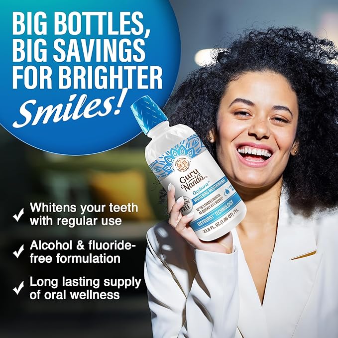 GuruNanda Whitening Mouthwash – Up to 3 Shades Whiter Teeth in 2 Weeks – Alcohol & Fluoride Free with Hydrogen Peroxide – Oxyburst Technology - Wild Mint, 33.8 oz/ 1 Liter (Pack of 2)