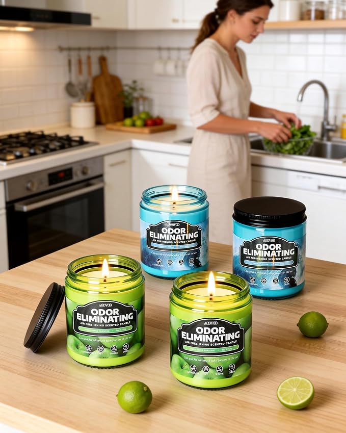 AOOVOO 4 Pack Fantasy Ocean/Green Apple Odor Eliminating Highly Fragranced Candle - Eliminates 95% of Pet, Smoke, Food, and Other Smells Quickly, Non Toxic Air Freshing Soy Candle