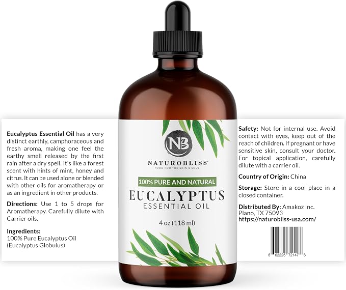 NaturoBliss Essential Oil with Glass Dropper - 100% Pure and Natural - Essential Oils for Diffuser, Aromatherapy, Soap and Candle Making, Eucalyptus Essential Oil, Eucalyptus Oil, 4 Fl Oz