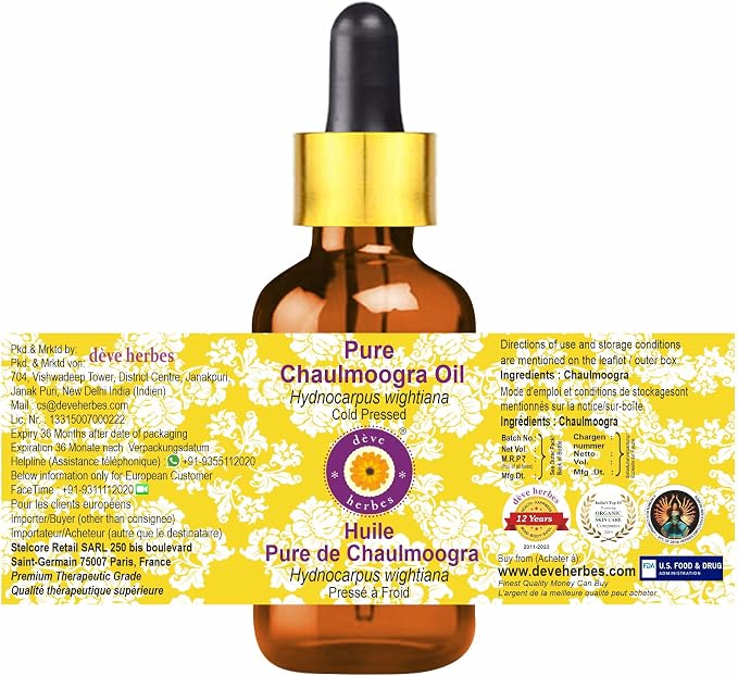 Deve Herbes Chaulmoogra Oil (Hydnocarpus wightiana) with Glass Dropper | Cold Pressed | Pure | Natural | for Diluting Essential Oils | Skin & Massage | Non-Sticky | Lightweight | Unisex | 30ml (1 oz)