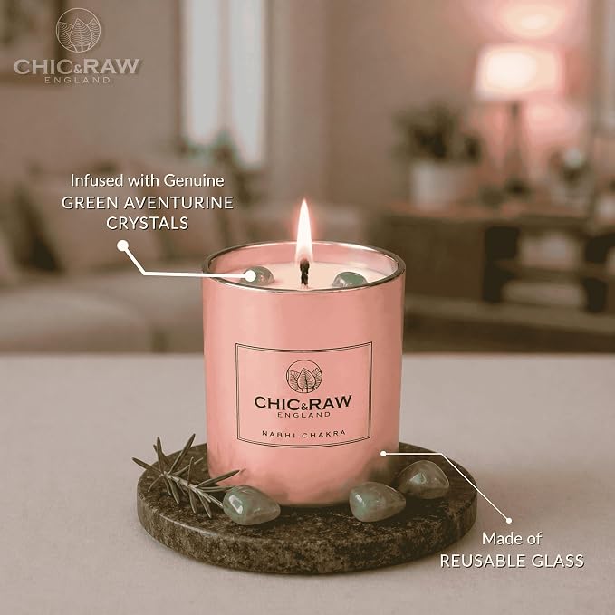 Aromatherapy Candle with Crystal Green Aventurine Nabhi, Patchouli & Bergamot - Luxury Long-Lasting Burn Soy Candle for Home Scented - Unique Healing, Meditation& Relief Gift for Women, 7.05oz