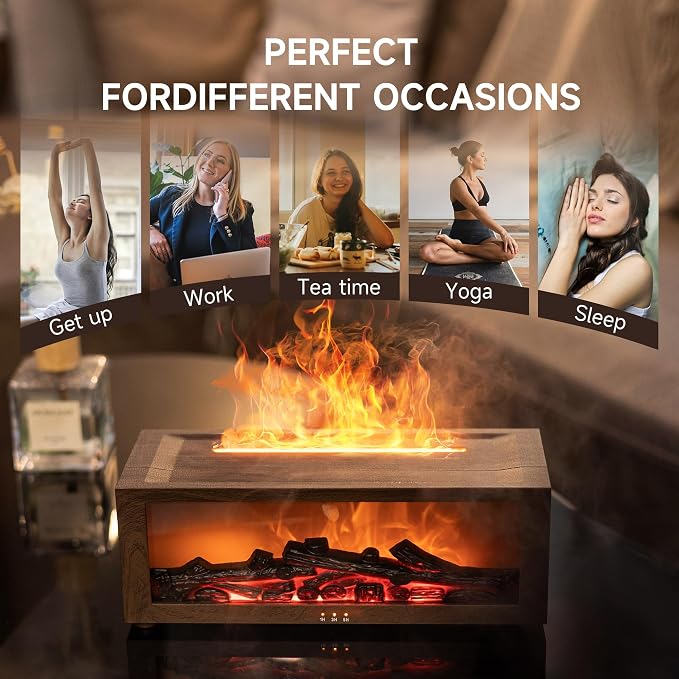 TMEHM Fireplace Flame Air Diffuser Humidifier,7 Colors Aromatherapy Essential Oil Diffuser,Ultrasonic with Timer for Home,Bedroom,Office,Yoga (Dark Wood Grain)