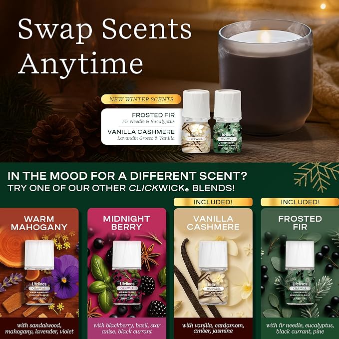 Lifelines Flameless Candle Diffuser - Winter Edition Gift Set - Aromatherapy Essential Oil Diffuser with 2 Holiday ClickWick Blends - Cordless & Waterless for Home - Electric Candles Blow Out Flame