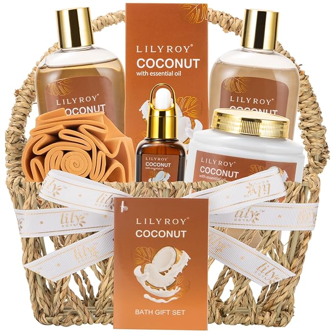 Coconut Spa Gifts Bath Kit, 7Pcs Moisturizing Spa Gift Basket for Women & Men