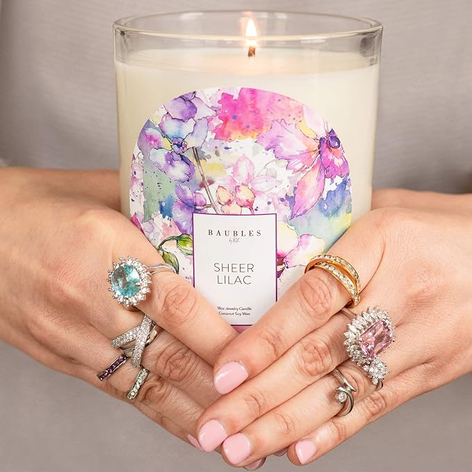 Kate Bissett Baubles Sheer Lilac Scented Premium Candle and Jewelry with Surprise Ring Inside | 18 oz Large Candle | Made in USA | Parrafin Free | Size 08