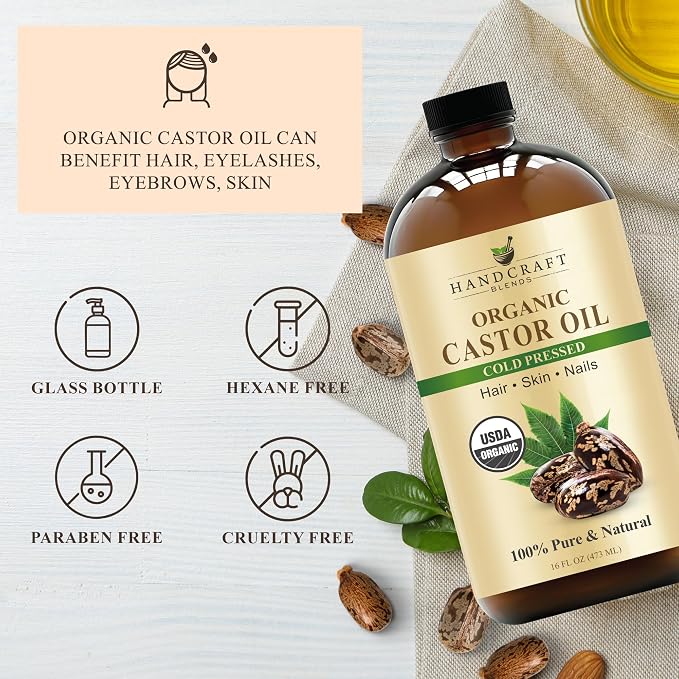 Handcraft Blends Cold-Pressed Organic Castor Oil 16 Fl Oz | Glass Bottle | Roll on Bottle | Reusable Wraps | Durable Comfortable Pack Wraps | Adjustable Elastic Straps | Neck and Stomach