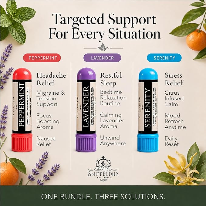 Stress Relief, Migraine & Sleep Aid Essential Oil Aromatherapy Nasal Stick Inhaler - Self Care Gifts 3-Pack, Peppermint Lavender Citrus, Made with Organic Essential Oils