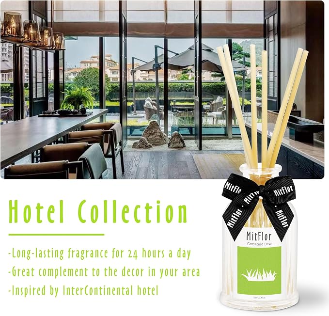 Hotel Collection Diffuser, MitFlor Grassland Dew Reed Diffuser for Home Decor and Fragrance - Lemon, Grass, Ocean, Amber Musk, Sandalwood - 100ml/3.4 fl oz