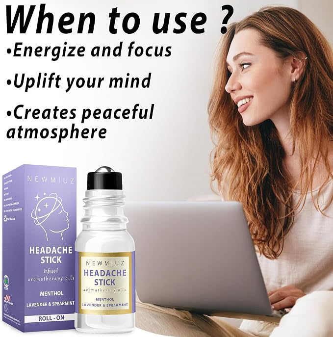 Migraine Roll On Stick - Menthol Fast Cooling Comfort for Your Headache Tension. Aromatherapy Essential Oils Blend Peppermint Lavender Spearmint. Self Care Calming Gift for Women Men. Made in USA