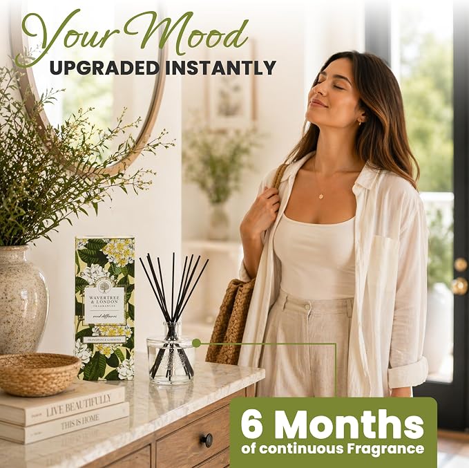 Wavertree & London Natural Frangipani & Gardenia Scented Reed Diffusers Set - Lasting Aromatherapy Air Freshener Diffuser with Sticks for Home & Office, 250ml Scented Diffuser with 6 Months Scent Life