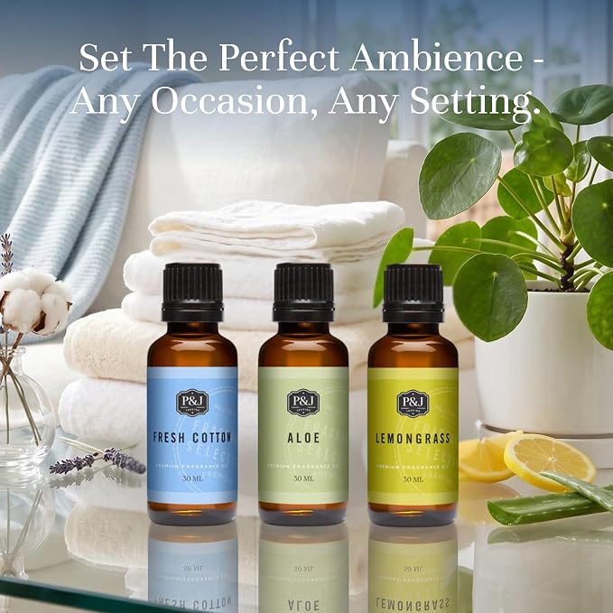 P&J Trading Clean Trio Set of 3 - Fresh Cotton, Aloe & Lemongrass - Premium Concentrated Trio Set for Candle Making, Diffusers, Soap Making, Car Freshies & DIY Crafts - USA Made, 30 ML