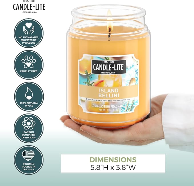 Candle-lite Scented Candles, Island Bellini, 18 oz Jar, Proudly Poured in The USA, Aromatherapy Candle, Single-Wick with 110 Hours of Burn Time, Perfect for Creating an Inviting Ambiance