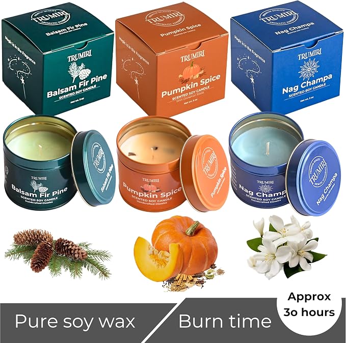 Balsam Fir Pine, Pumpkin Spice, Nag Champa - Soy Candles Non Toxic - Highly Scented Long Lasting with Essential Oils - Variety Pack of 3 x 5oz - for Home Aromatherapy Meditation Gift Travel