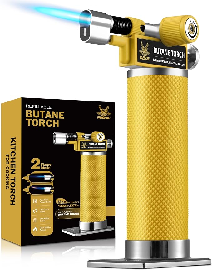RAVS DUAL Flame Mode Butane Torch Lighter, Refillable Kitchen Torch, Metal Body Blow Torch for Baking with Adjustable Flame & Safety Buckle, Yellow Mini Torch Soldering Torch, Butane Gas Not Included