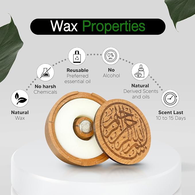 Islamic Inspired Car Diffuser - Natural Wood and Natural Wax Cartridge - Engraved with Bismillah Al Rahman Al Rahim – Includes Two scents (Jasmine & Orange) - Reusable with Essential Oils (Round)