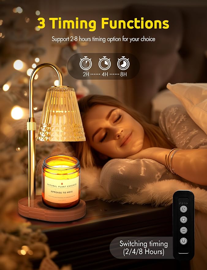 Candle Warmer Lamp with Timer, Dimmable Candle Lamp Warmer, Height Adjustable, Birthday Gifts for Women Mom, Vintage Home Decor for Scented Jar