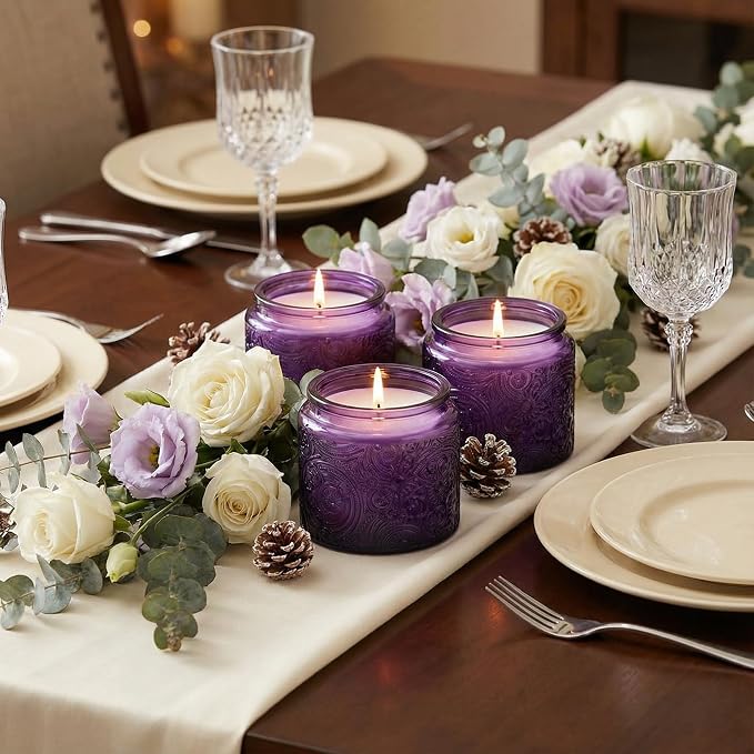 10 oz Purple Sun Moon Stars Candle Jars with Metal Lids, 9 Pack | Patented Embossed Design, Includes Wick Centering Devices & Warning Labels, Multiple Color Options