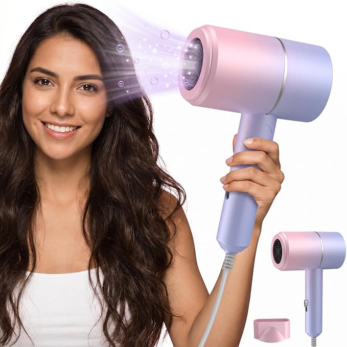 Foldable Ionic Hair Dryer with Diffuser, 800W Fast Drying Blow Dryer, 38000 RPM, Lightweight, Pink Blue, for Home & Travel (Pink Blue)