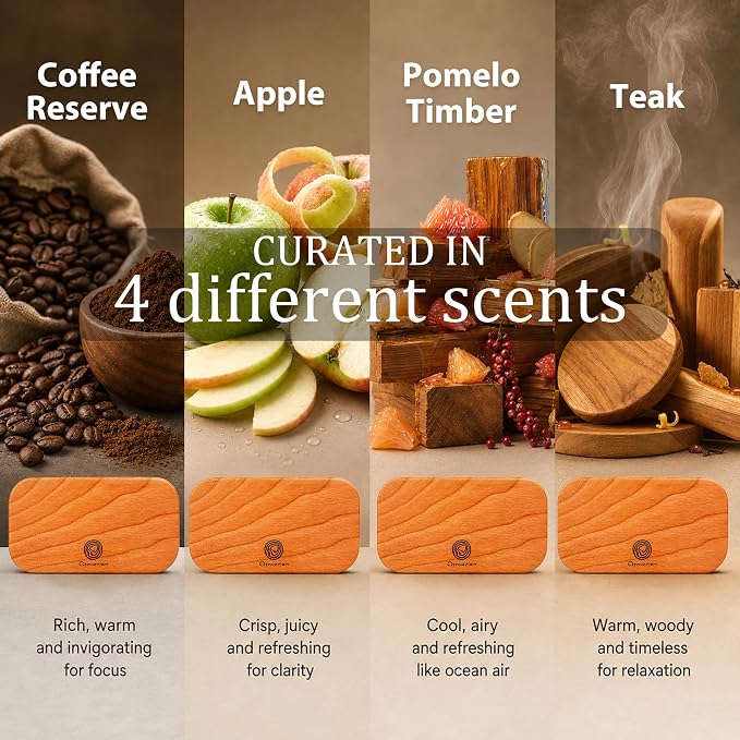 Car Air Freshener - Wood Air Freshener for Visor Clip - Long Lasting Car Odor Eliminator - Vehicle Scent Diffuser - (Teak - Apple - Coffee Reserve - Pomelo Timber, CLIP INCLUDED)