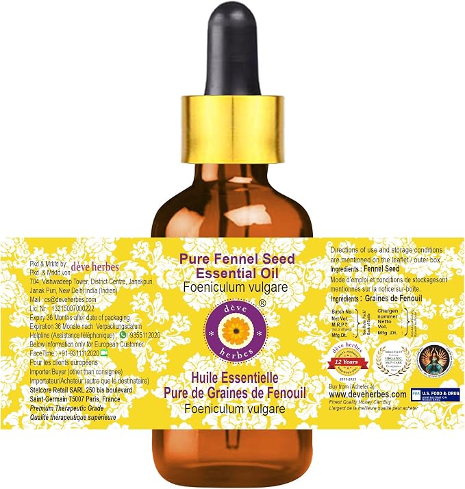 Deve Herbes Pure Fennel Seed Essential Oil (Foeniculum vulgare) with Glass Dropper Steam Distilled 5ml (0.16 oz)