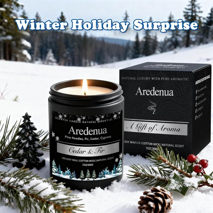 Cedar & Fir Candle – Winter Candles | Holiday Scented Candles, 7oz Jar Soy Candle for Home Scented - 50H Burn - Evergreen Forest & Fresh Pine Scent, Candles Gifts for Women & Men
