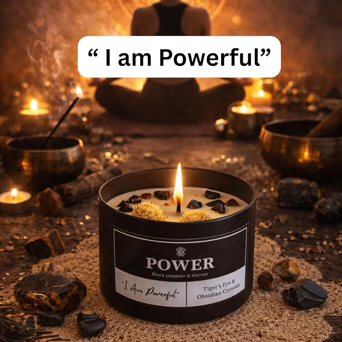 Power Crystal Candle for Meditation, 8oz Scented Candles with Tigers Eye and Obsidian Healing Crystals, Black Pepper Vetiver Aroma for Good Fortune, Spiritual Room Decor Great Gift for Women and Men