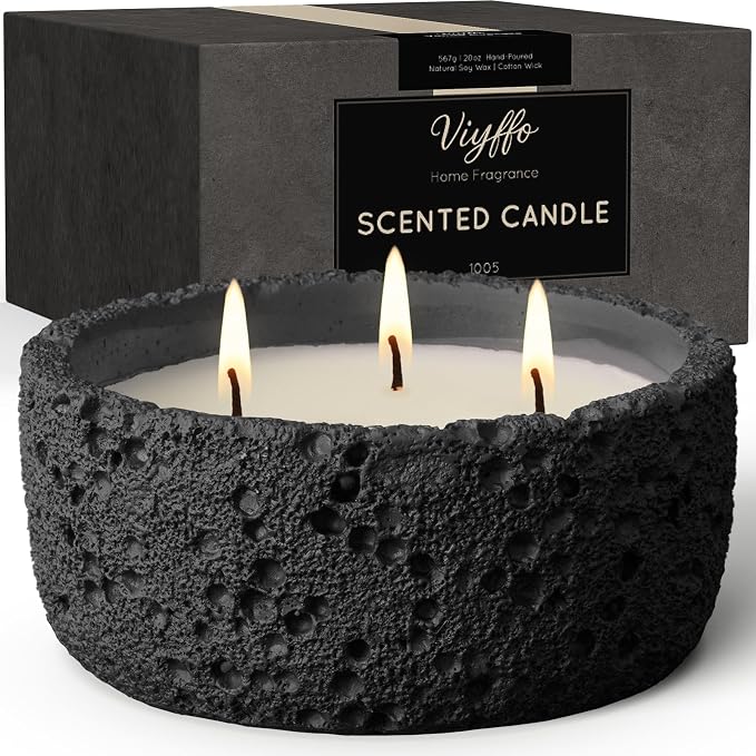 Viyffo Large 3 Wick Scented Candle – Sandalwood & Lavender, 20oz Non Toxic Soy Candles for Women & Men, Matte Black Ceramic Jar Perfect Calming Home Fragrance, Elegant Room Décor & Premium Gift