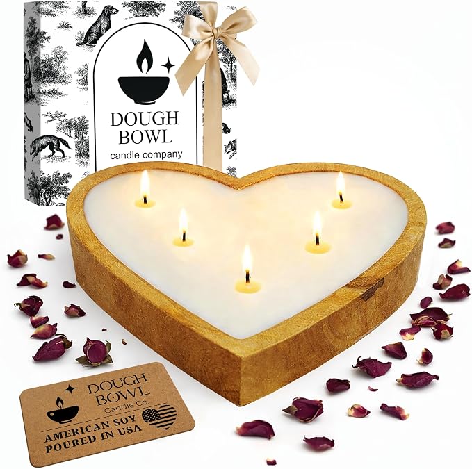 Dough Bowl Candle Co. Rose Candle - 10x10x2 Large Heart Shaped Scented Soy Candles for Women, Valentines Day Decor Gifts for Home, 5 Wick White Decorative Natural Aromatherapy, 30 Hour Burn Time