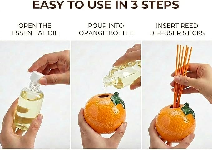 Sweet Natural Orange Scented Reed Diffuser Set – 6.76 fl oz (200ml) with Sticks, Creative Orange-Shaped Ceramic Design for Home, Bedroom & Bathroom Decor, Long Lasting Aromatherapy Gift