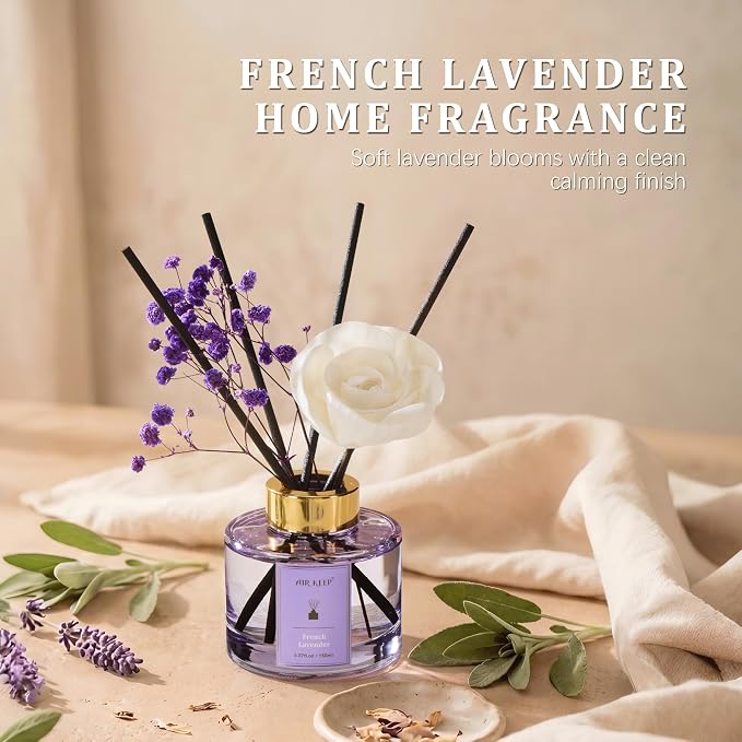Airkeep Flower Reed Diffuser Set, French Lavender Diffuser Set, 5.07 Fl.oz (150ml), Home Fragrance, Bathroom, Bedroom & Home Décor, Air Freshener