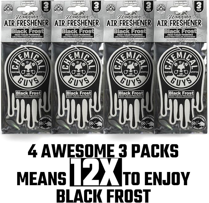 Chemical Guys Car Fresheners, Hanging Air Freshener, Black Frost Scent 12 Pack, Great for Cars, Trucks, SUVs, RVs, Home, Garage, Workspace, Dorm Room & More (4 x 3 Packs)