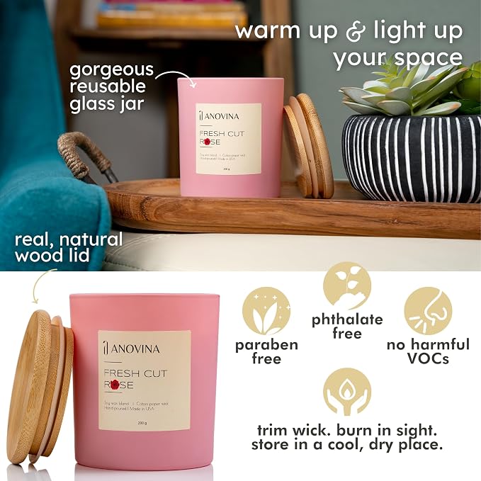 Anovina Rose Scented Candle – Long-Lasting Soy Wax Blend, – Non-Toxic Floral Candle for Home Décor & Relaxation – Aesthetic Gift for Women