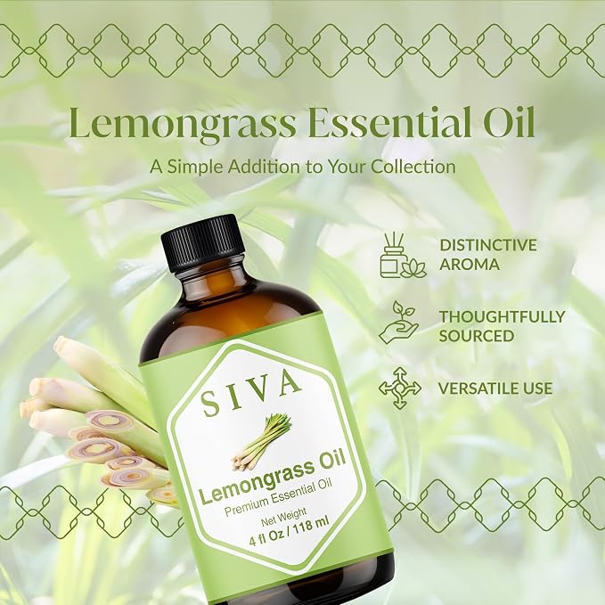 Siva Lemongrass Essential Oil 4 Fl Oz – for Diffuser, Skin & Hair Care – Ideal for Aromatherapy, Massage & DIY Blends- with Dropper