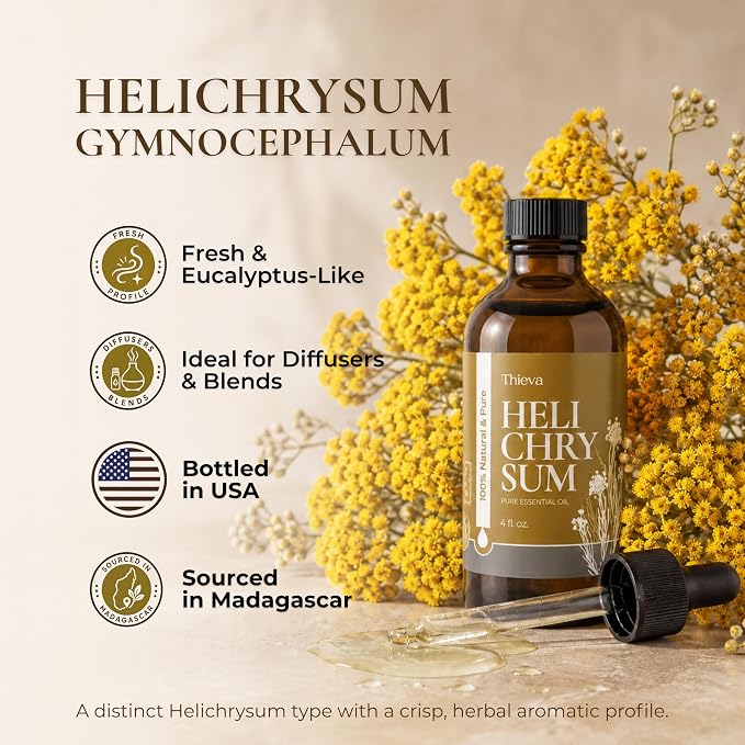 THIEVA Helichrysum Essential Oil 4 oz (118 ml) – 100% Pure and Natural Non-GMO Helichrysum (Gymnocephalum) Oil for Aromatherapy, Focus, and Relaxation