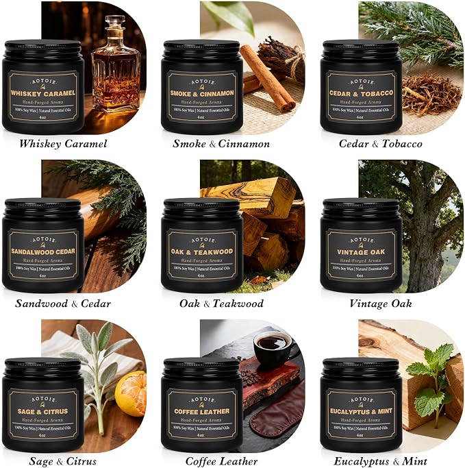 Mens Scented Candle Gift Set, 9 Pack Candles for Men, 36 oz Soy Candle, 200+ Hours Burn Time, Aromatherapy Gifts for Men, Boyfriend, Husband for Christmas, Valentines Day, Father’s Day, Birthday