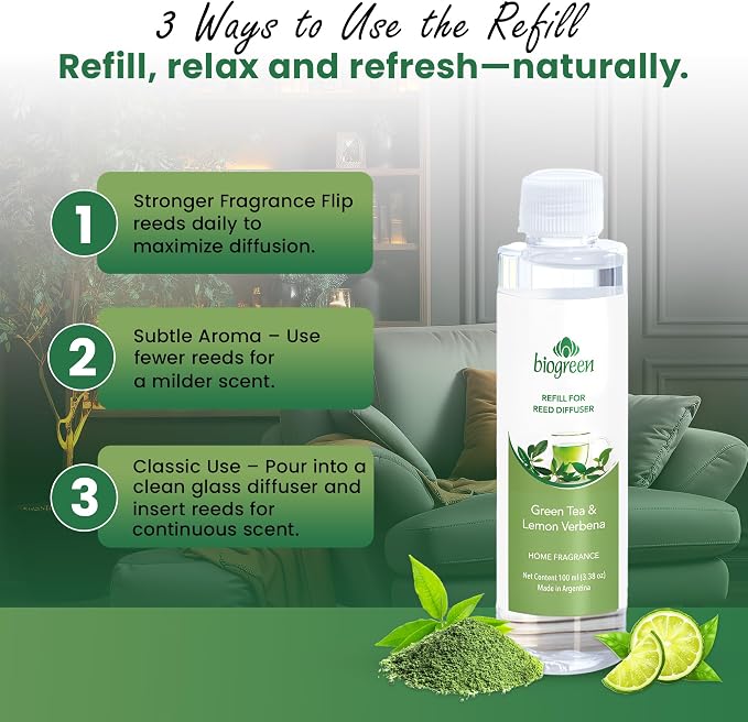 Biogreen Refill for Reed Diffuser – Green Tea & Lemon Verbena – 3.38 fl oz