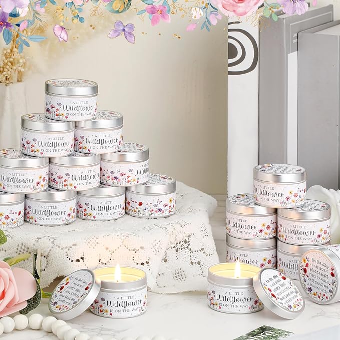 MTLEE 24 Pcs Wildflowers Baby Shower Party Favors Candles Lavender Scented Baby Shower Favors for Guests Rustic Tealights Candles Gender Reveal Return Gifts (1.2 oz, Colorful)