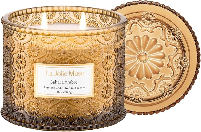LA JOLIE MUSE Sahara Amber Scented Candles for Home, Natural Soy Wax 2-Wick | Large Jar Luxury Candle, Clean Non Toxic, Gift for Women & Men, Decorative Candles, Pretty Candle, Bergamot, Musk & Patchouli