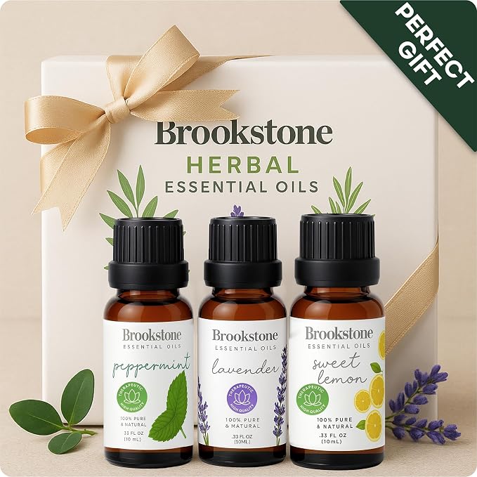 Brookstone Essential Oil Herbal Collection – 100% Pure Steam Distilled Therapeutic Grade Essential Oil Set for Aromatherapy Diffuser and Topical Use | Lemon, Lavender, Peppermint | 3-Pack 10ml Bottles