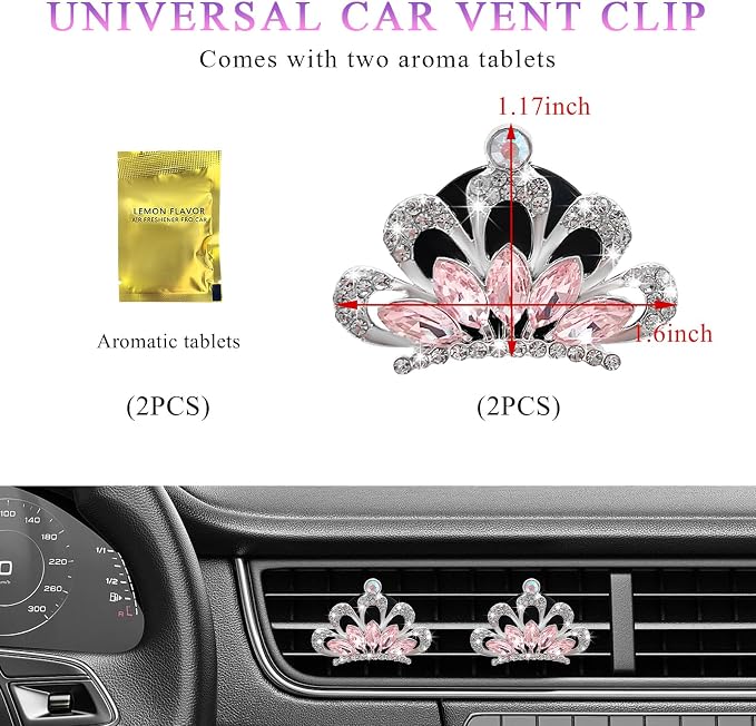 Yourkar 2 PCS Bling Car Air Vent Clips, Crystal Rhinestone Crown Vent Decorative Air Freshener Clips, Sparkly Diamond A/C Outlet Aroma Diffuser Clip for Vehicles, Car Accessories (Pink)