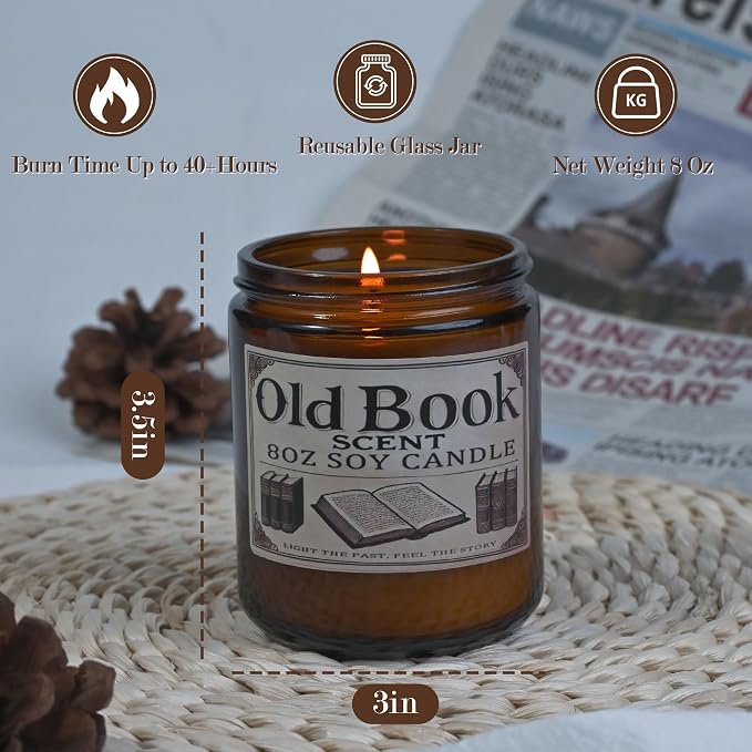 Old Book Candle, Book Lovers Gifts Ideas for Readers, Reading Accessories, Bookish Present, Birthday Gifts for Women, Bookworm, Librarian, Men