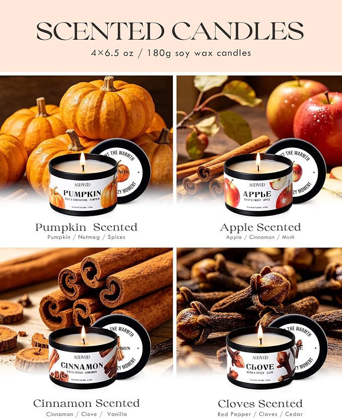 AOOVOO 4 Pack Fall Scented Candles - Pumpkin, Cinnamon, Clove Cinnamon, Apple Cinnamon Candle Set, 26oz 200 Hours Long Lasting, Soy Wax Candles Non Toxic for Home Fragrance Autumn Decor Gift