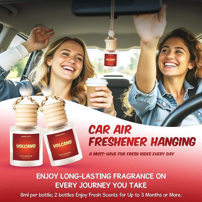 Premium Car Air Freshener Diffuser Set (2 Pack) - Volcano Fragrance Oil, 45+ Day Long-Lasting Hanging Auto Freshener